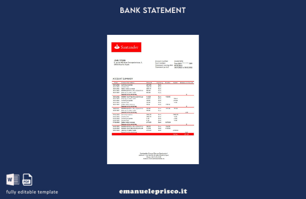modello di versione word dell'estratto conto bancario di Santander in stile veri
